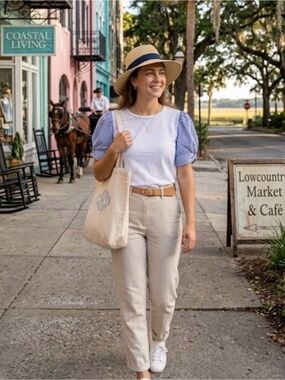 Tuckernuck Pomander Place white blue puff sleeve cotton top blouse sz Large